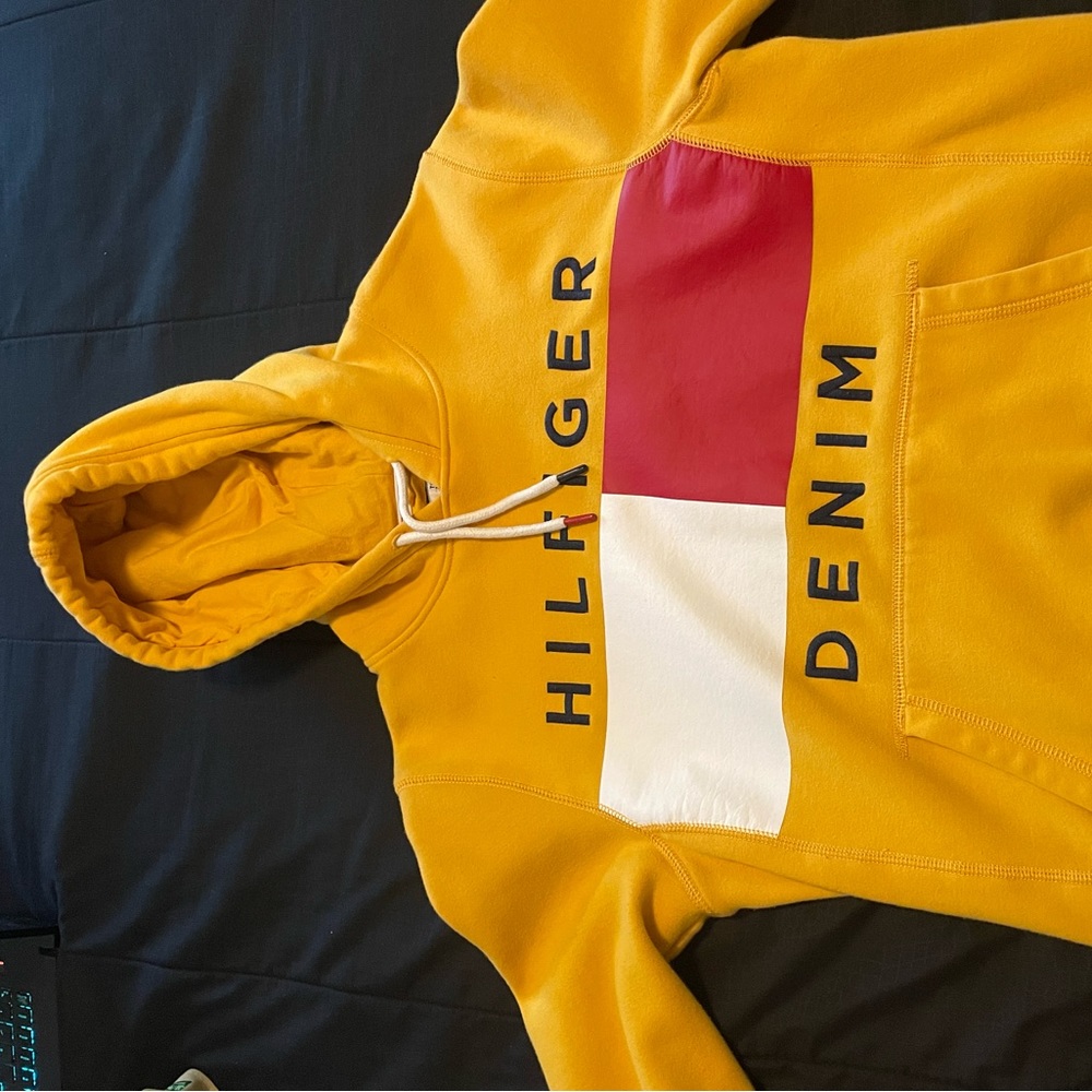 TOMMY HILFIGER SPORT NEW MEN'S BIG LOGO HOODIE SWEATSHIRT YELLOW/WHITE/RED